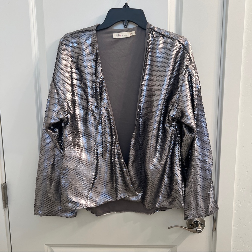 Millibon Metallic Silver Sequin Open Front Cardigan Jacket